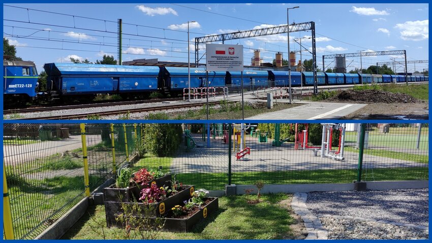 Powiększ: Kolaż zdjęć przedsawiający ogród sensoryczny w Krzyżowicach oraz peron kolejowy w Warszowicach.